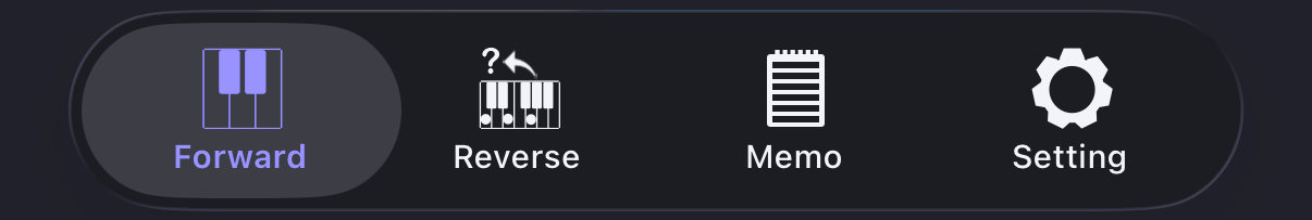 M‑Piano メイン画面（Forward / Reverse / Memo / Setting タブ）